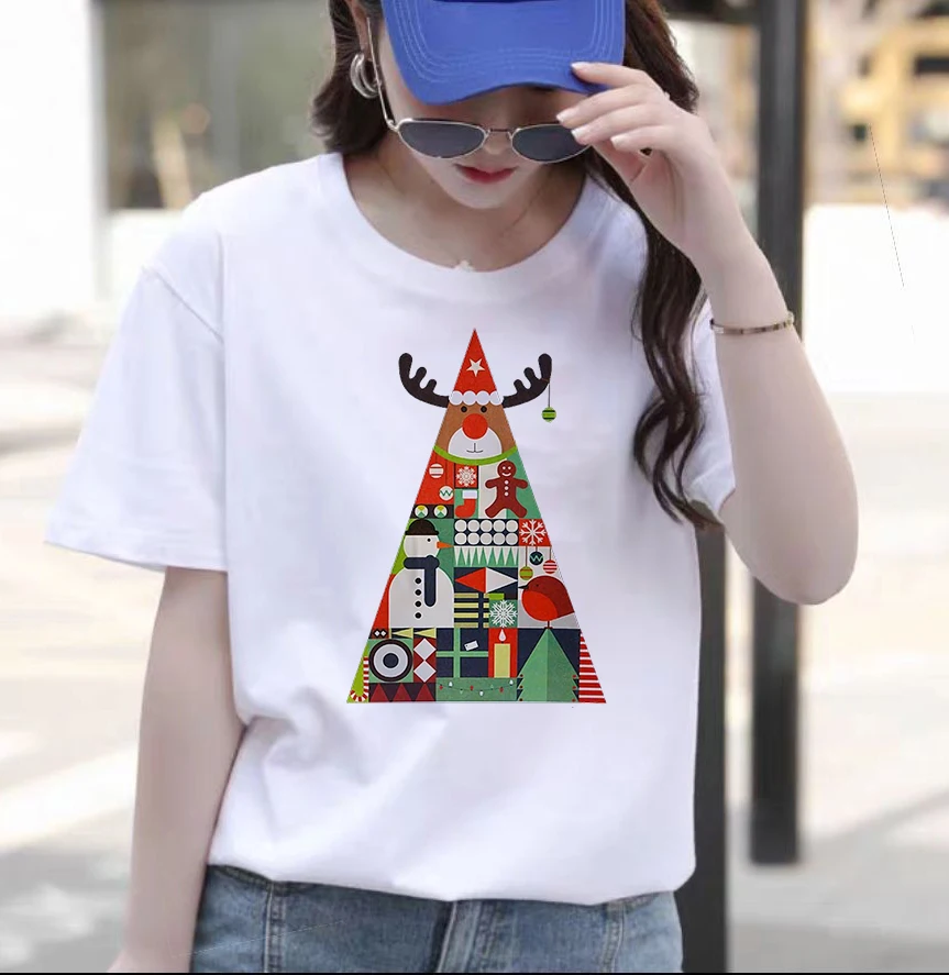 

Women T Shirt Christmas Shirt Short Sleeve Letter Printed Women T-shirts Christmas Tree Printed Graphic Tee Tops CN(Origin)