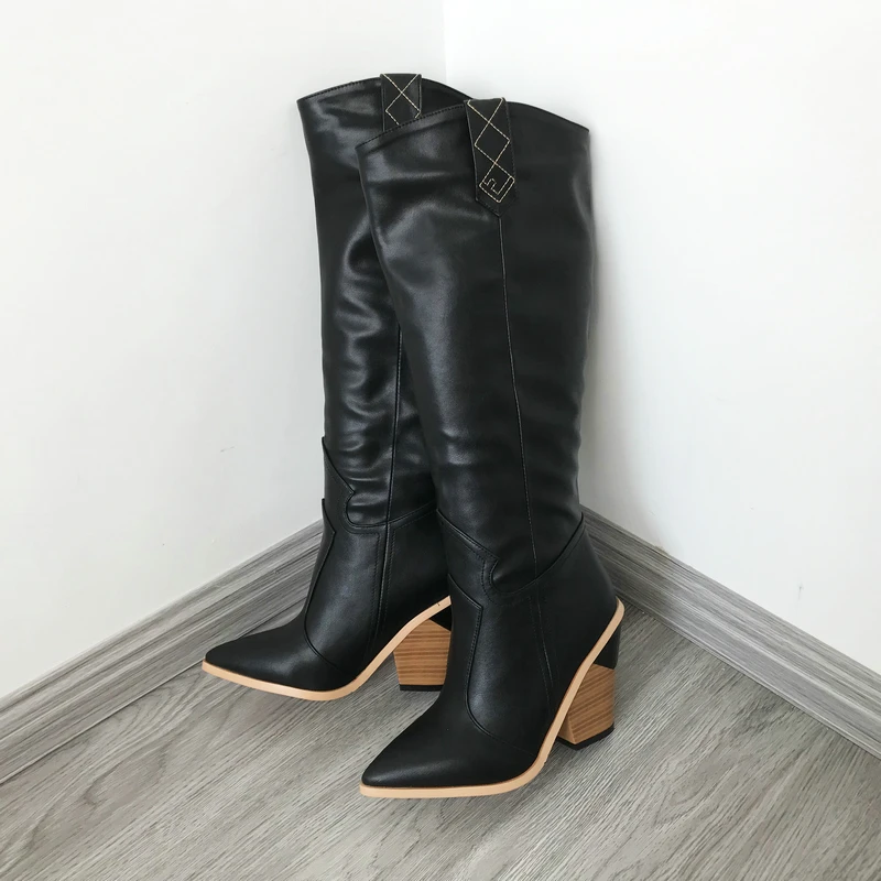 Black PU Брендовые ковбойские сапоги для женщин; Цвет Бургундский, черный, желтый; сапоги до колена; зимние сапоги на танкетке; ковбойские высокие сапоги в ковбойском стиле для женщин; коллекция года - Цвет: Black PU