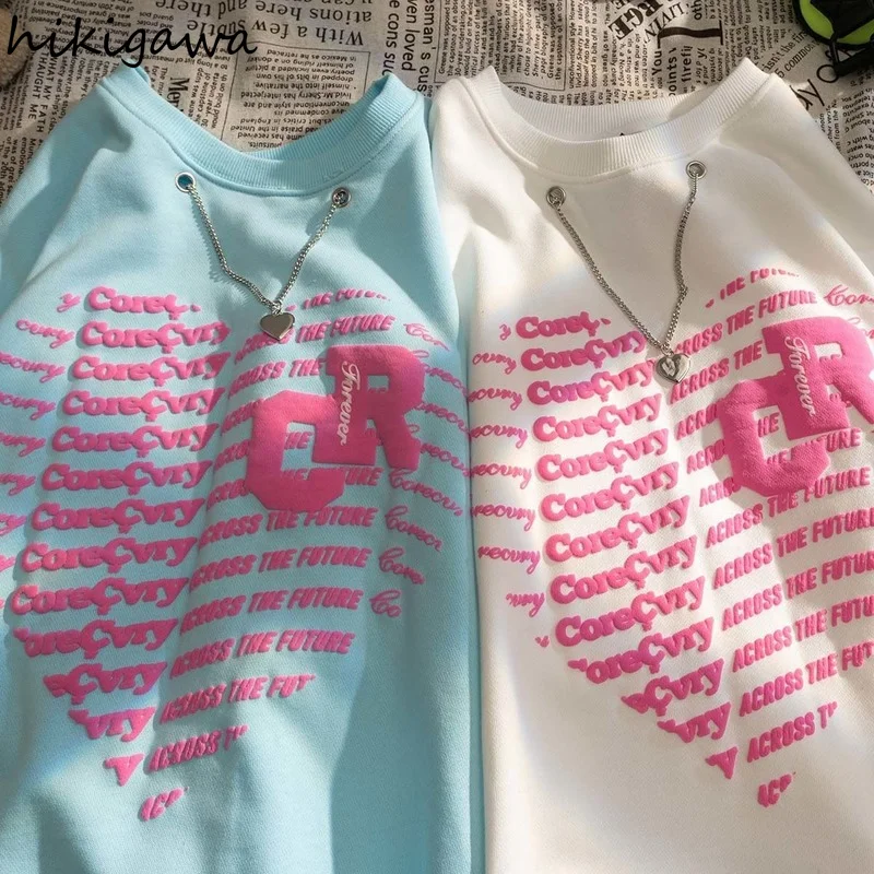 

Hikigawa ожерелье в форме сердца, дизайнерский свитер с круглым вырезом, Женская корейская мода, свитшот с длинным рукавом и принтом, свободный ...