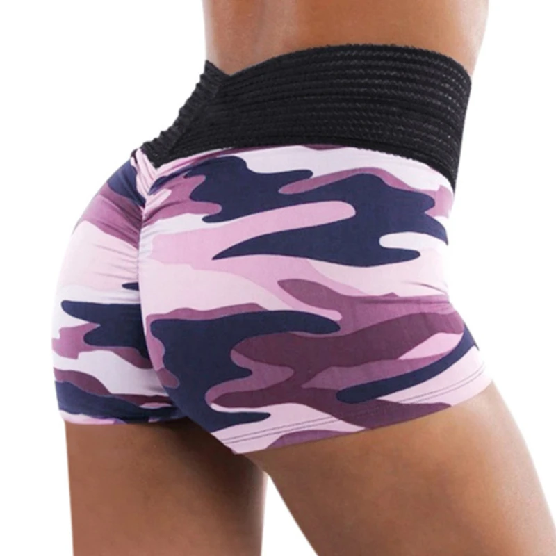 

Women Camouflage Print Workout Shorts Knit Stripes Wide Waistband Sport Hot Shorts Lifting Fitness Running Leggings