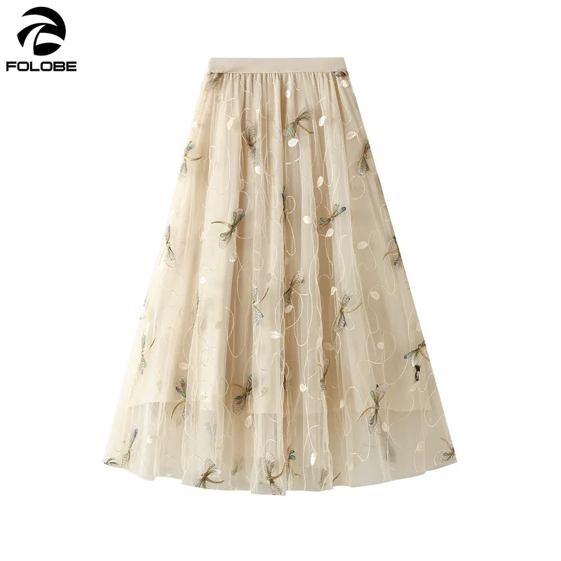 

2021 New Dragonfly Embroidery Tulle Skirt Women High Waist Mesh A-line Skirt Elegant Summer Mid length Skirts Female