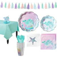 marine theme narwhal shell birthday party disposable tableware set paper plate cake dish cutlery