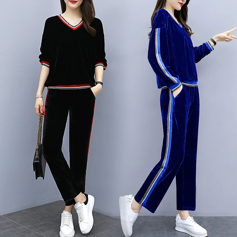 Спортивный костюм плюша с V образным вырезом осенний больших размеров тонкие