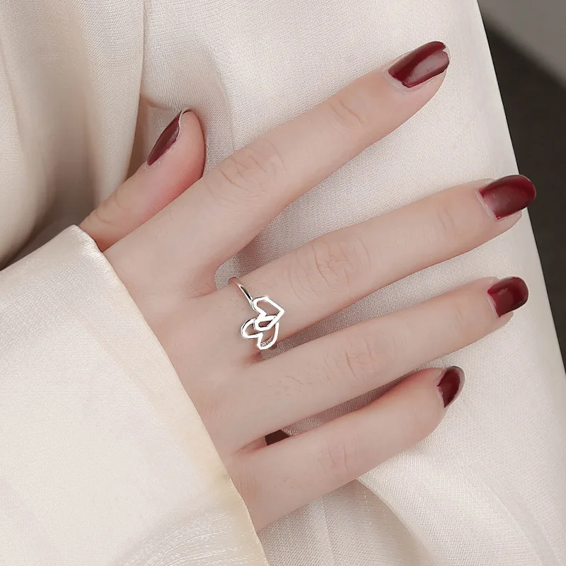 

Sweet Design Silver Color Double Heart Ring Creativity Heart Hollow Finger Female Adjustable Ring Girlfriend Birthday Gift
