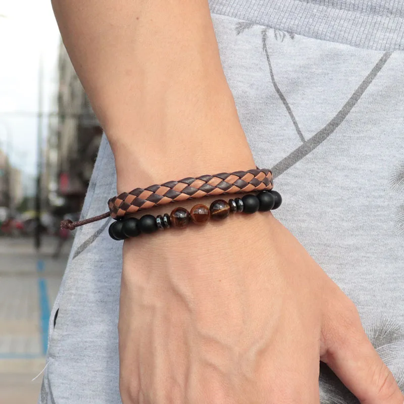 Для мужчин s Браслеты 2 шт./компл. Натуральный Камень Бисер Brazalete мужской плетеный строка Шарм браслет Pulsera Hombre подарок для Для мужчин подарок