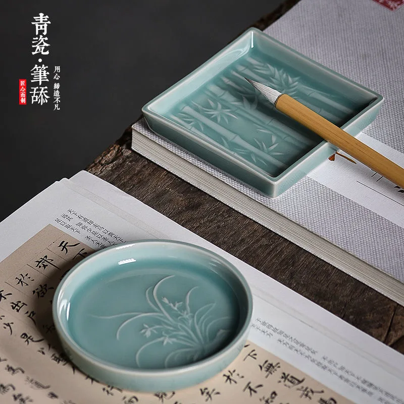 Traditional Chinese Calligraphy Painting Supplies Ink Plate Ceramic Palette Celadon Paint Plate Inkstone Mix Color Art Supplies