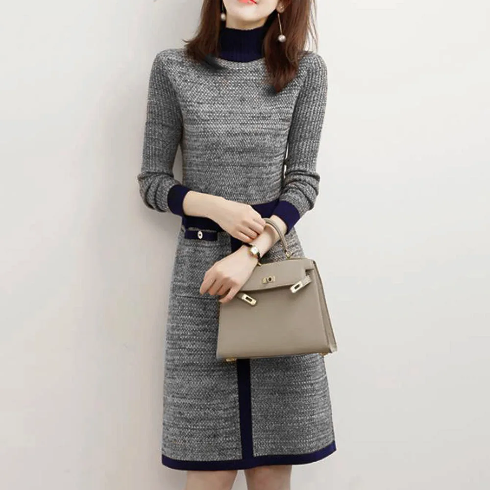 

Женское трикотажное платье-свитер с длинным рукавом и карманами