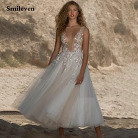smileven beaded short wedding dresses sexy v neck beah a line wedding gowns tea length vestidos de novia