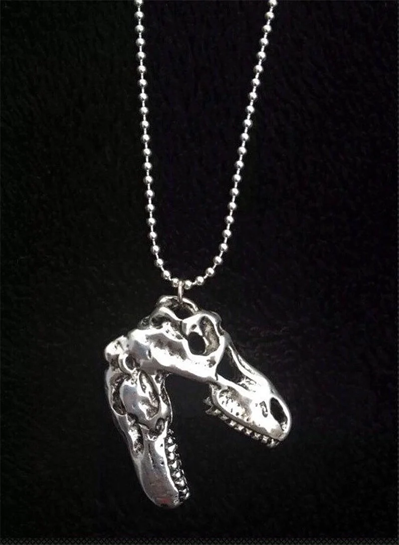 Handmade T-Rex Dinosaur Skull Pendant Long Necklace 24 Inch Chain T Rex Silver Plated/Key Ring images - 6