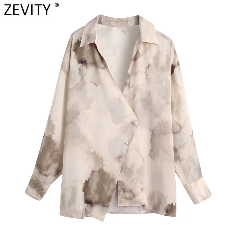 

Zevity 2022 Women Vintage Ink Painting Print Chiffon Smock Blouse Ladies Irregular Buttons Kimono Shirts Chic Blusas Tops LS9784