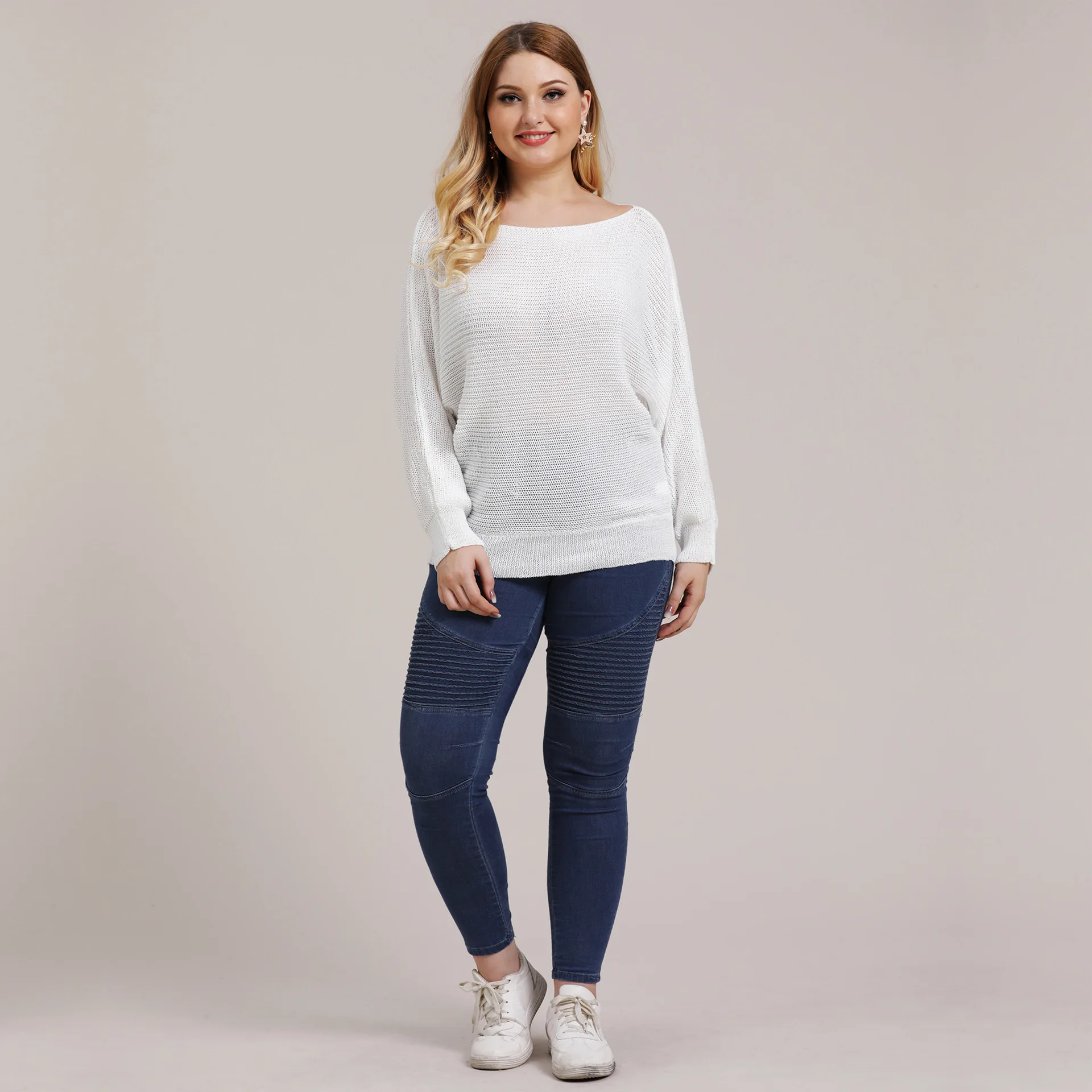 

Oversized Autumn And Winter Youth Women's Round Neck Woven Bat Sleeve Loose Pullover Fashion Ladies Solid Color Top Robe Longue