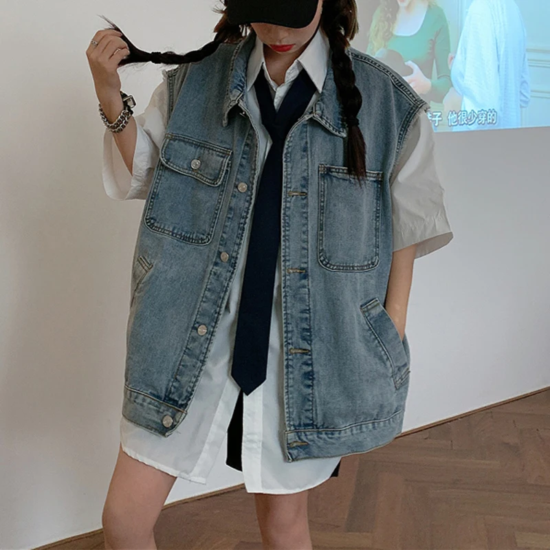 

Boyfriends loose women's Denim coat 2020 spring and autumn student casual coat single breasted sleeveless denim jacket