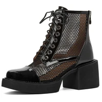 gigifox brand new fashion gothic breathable mesh shoelaces woman shoes female shoes chunky heels patent leather summer boots