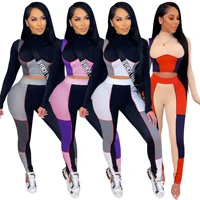 new patchwork skinny two piece set women spring mock neck crop topstretchy legging matching outfit female hot streetwear 2021