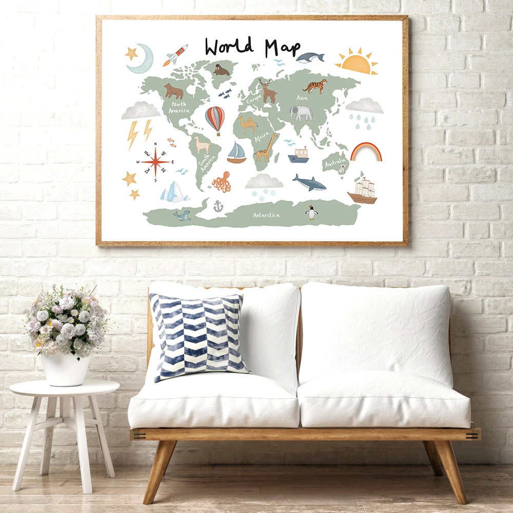

Woodland Animal World Map Poster Art Prints Nursery Decor Watercolour Map With Animals Canvas PaintingWall Art For Kids Room