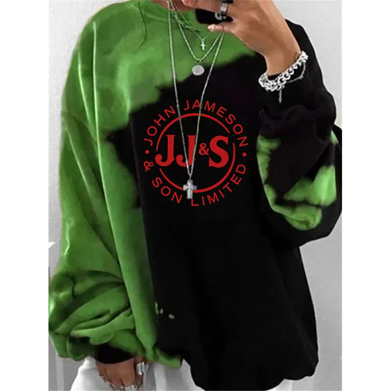 

Green Black Splicing Letter Print Sweatshirt Women Oversized Loose Casual Streetwear Vintage Harajuku Long Sleeve Fashion Tops
