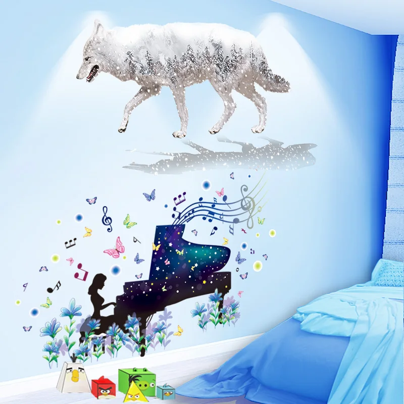 

Cartoon Girl Piano Wall Stickers DIY Wolf Animal Wall Decals for Kids Room Baby Bedroom Nursery Home Decoration Accessories