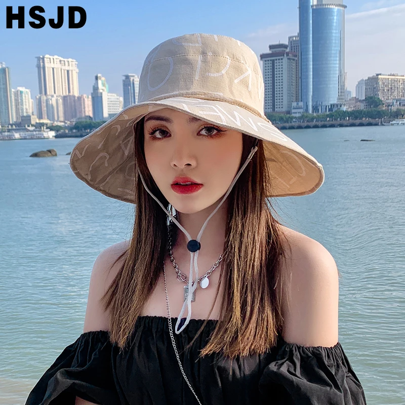 Fashion Letter Print Summer Women Sun Hats Floppy Bucket Cap Wide Brim Foldable Anti-UV Beach Caps Female Panama Fisherman hat