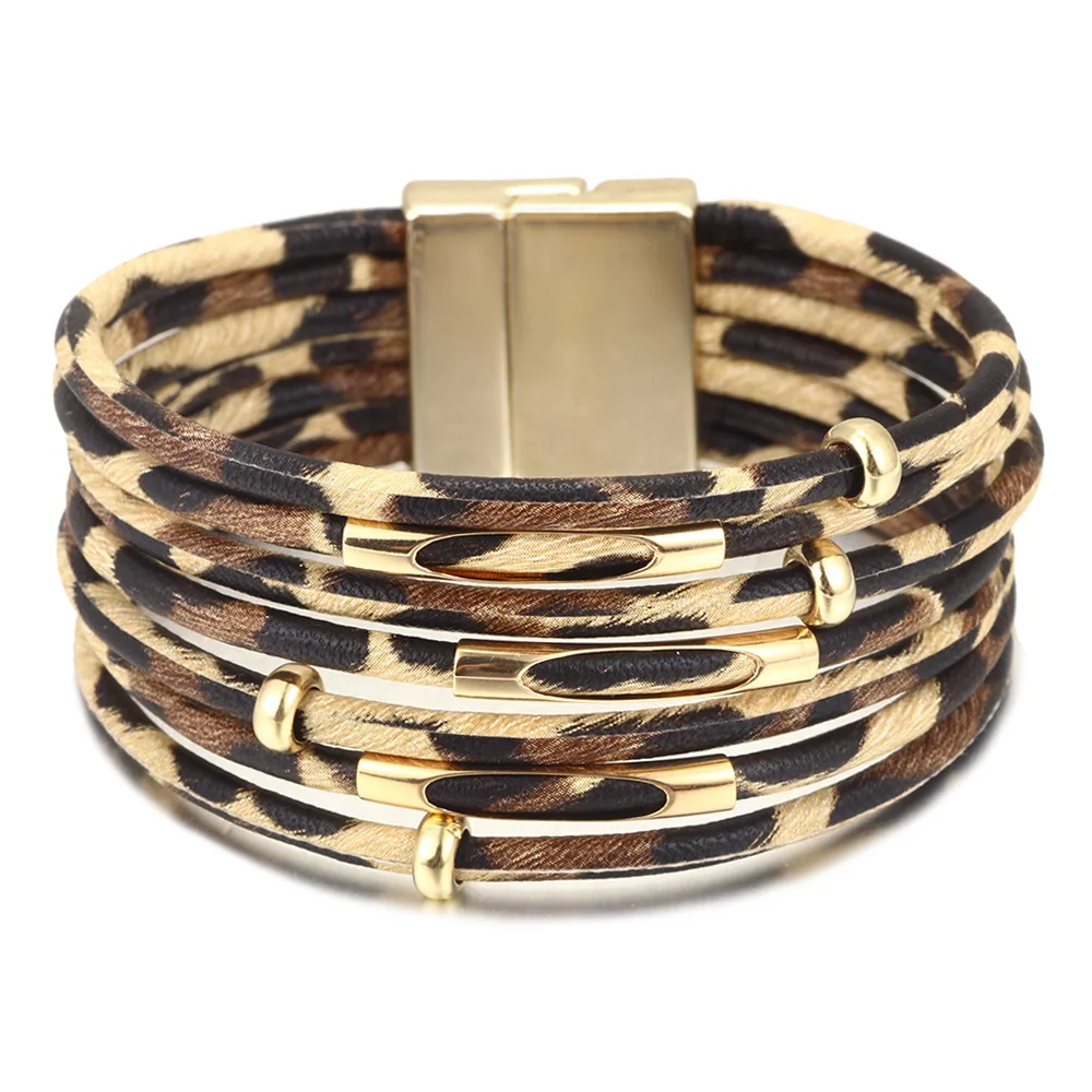 Multilayer Magnet Fashion Leopard Trendy Leather Bracelets Women Fashion Girl Cuff Bangle Female Jewelry geometric