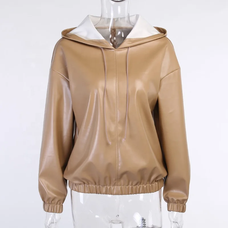 

Street Windproof Solid Color PU Leather Top Pullover Hoodies For Women