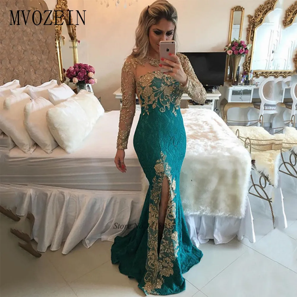

Sexy Formal Green Gold Lace Evening Dresses Long Sleeve Mermaid Prom Dress Beaded Special Occasion Gown Vestido de Festa Abiye
