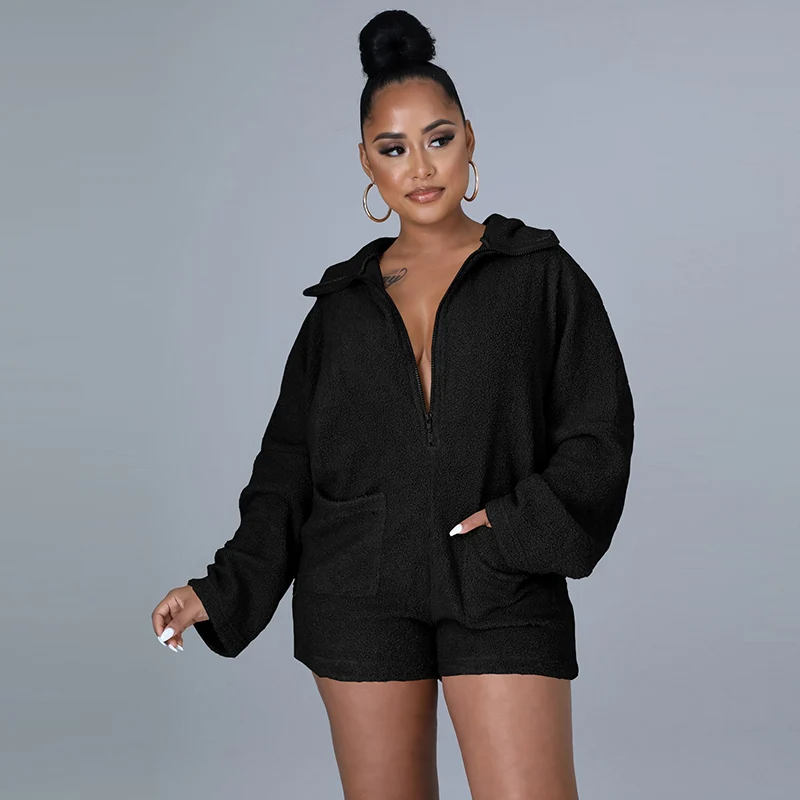 

Women Winter Plush Playsuits Home Rompers Homewear Casual Fashion Solid Color Long Sleeve Zipper Hooded Playsuit Female Warm New