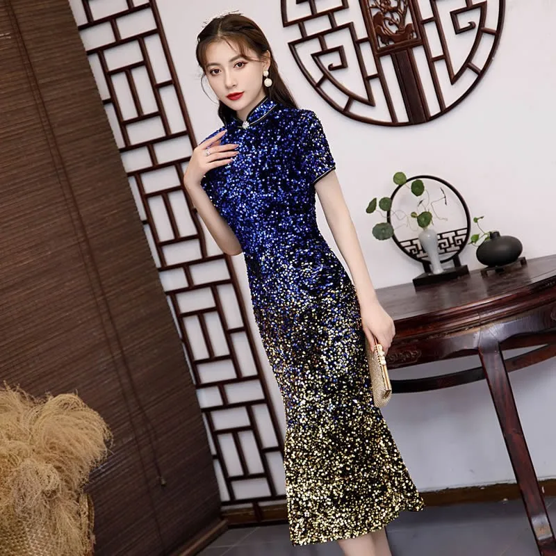 

Sexy Mermaid Chinese Style Evening Dresses Banquet Sequin Fishtail Dress Host Stage Cheongsam Dress Chinese Party Wedding Qipao
