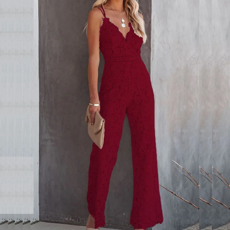 

Elegant Office Lady Jumpsuit Sexy Crochet Lace Embroidery Spring Playsuit Women Summer Sleeveless Strap Party Jumpsuits Overalls