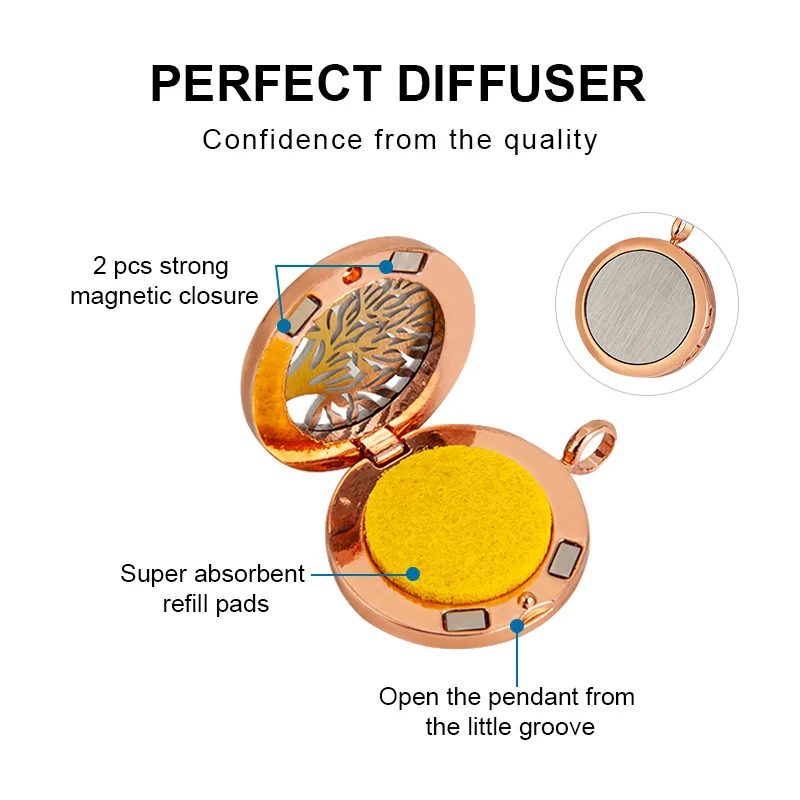 25MM Rose Gold Essential Oil Necklaces Stainless Steel Aromatherapy Necklace Magnetic Locket Pendant Jewelry with 10pads |