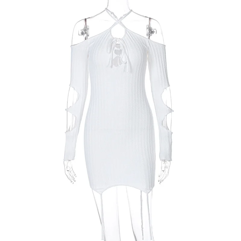 

Fannic 2021 Spring Cotton Hollow Out Halter High Waist White Dresses for Women Fashion Solid Color Sexy Tight Vestidos