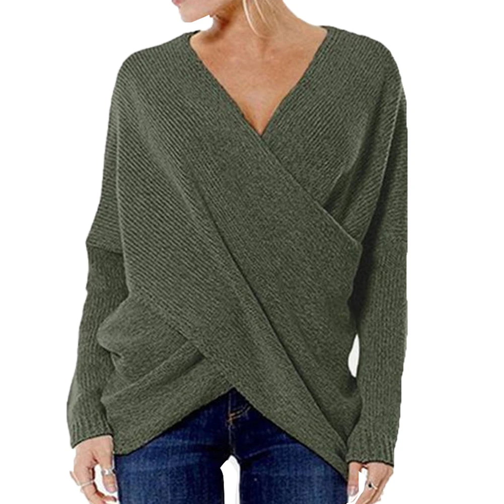 

Women Autumn Sexy Knitted Sweater Vintage Cross Criss Pullovers Casual V Neck Loose Jumpers Solid Irregular Hem Sweater