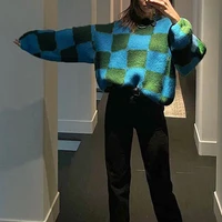 plaid print oversized pullover women casual green y2k knitted clothes top fashion autumn winter loose sweater 2021