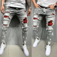 fashion men ripped skinny stretch patchwork black jeans grid beggar patches slim fit denim pencil pants painting jogging jean