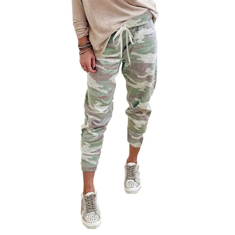 

Camouflage Print Casual Feet Pants Women Drawstring Elastic Waist Trousers FS99