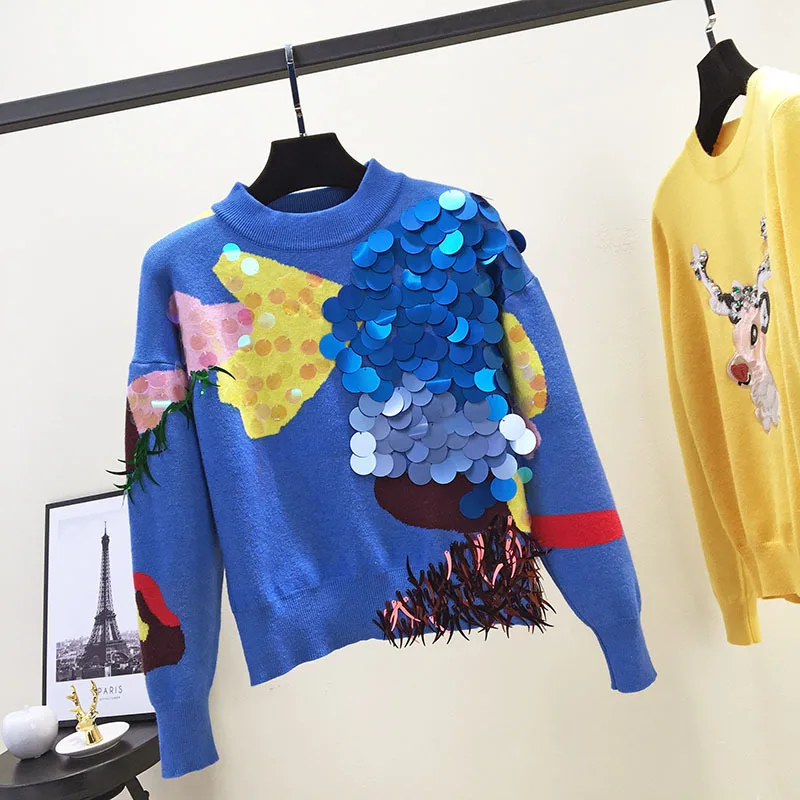 2019 свитер в горошек с кисточками свободные топы Женский пуловер синего цвета