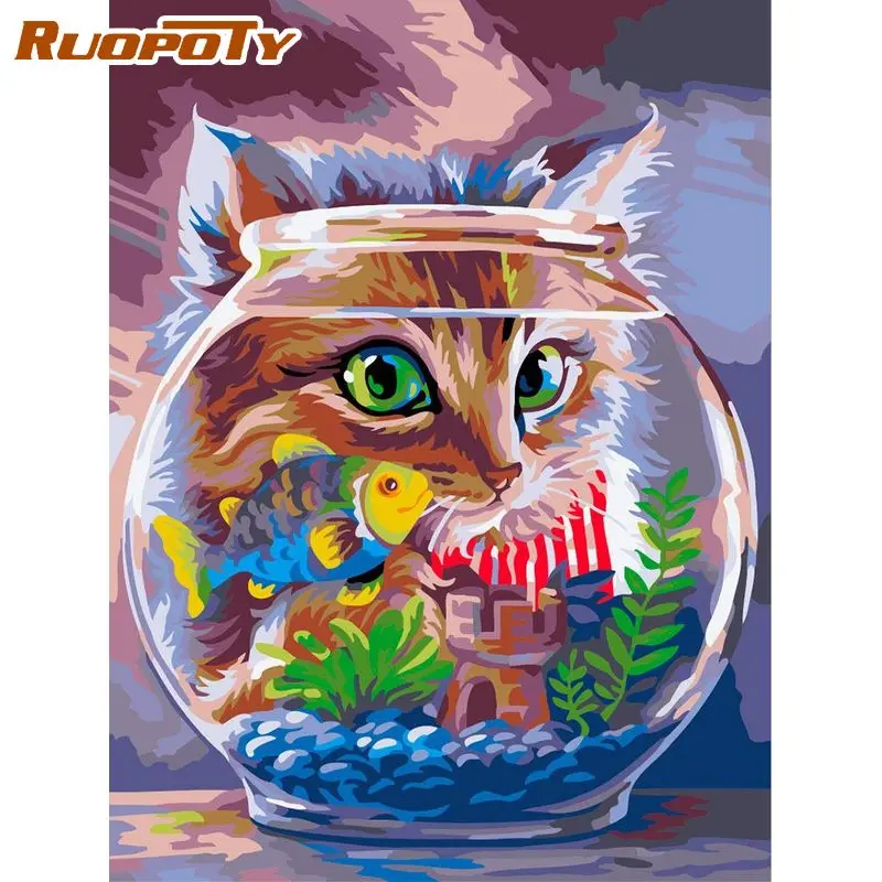 

RUOPOTY 60x75cm Frame Painting By Number For Adults Cat And Fishbowl Drawing Coloring By Numbers Modern Wall Art Picture