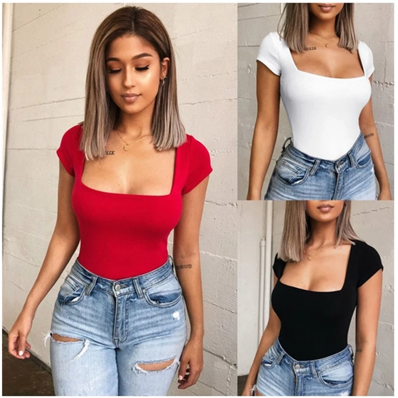 

Short Sleeve Square Collar Bodysuit Women Summer Black White Red Sexy Streetwear Party Body Top