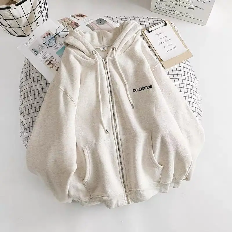 

Zip-up Hoodie Women Loose Plus Velvet Sweatshirt Pockets Letter Casual Oversized Harajuku Streetwear Womens Tops Clothes Trendy