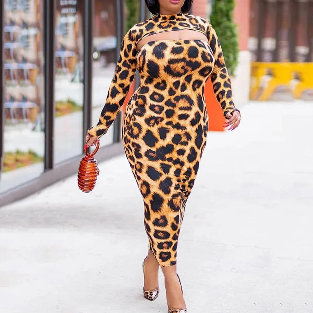 

2021 Autumn Winter New Fashion Womens Dress Temperament Simplicity Leopard Round Neck Long Sleeve Printing Sexy Two-piece