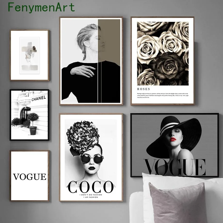 

Vogue Fashion Woman Posters Black White Wall Art Canvas Paintings Flower Coco Quotes Prints Nordic Pictures for Home Decor