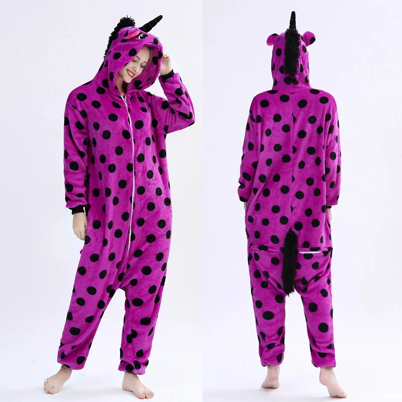 Purple Dot Zipper Мужской женский животный единорог Pegasus пижамы косплей с капюшоном для взрослых Рождество мягкая домашняя одежда зима женщины панда пижамы комбинезон кигуруми пижама единорог женская ночнушка - Цвет: Purple Dot Zipper
