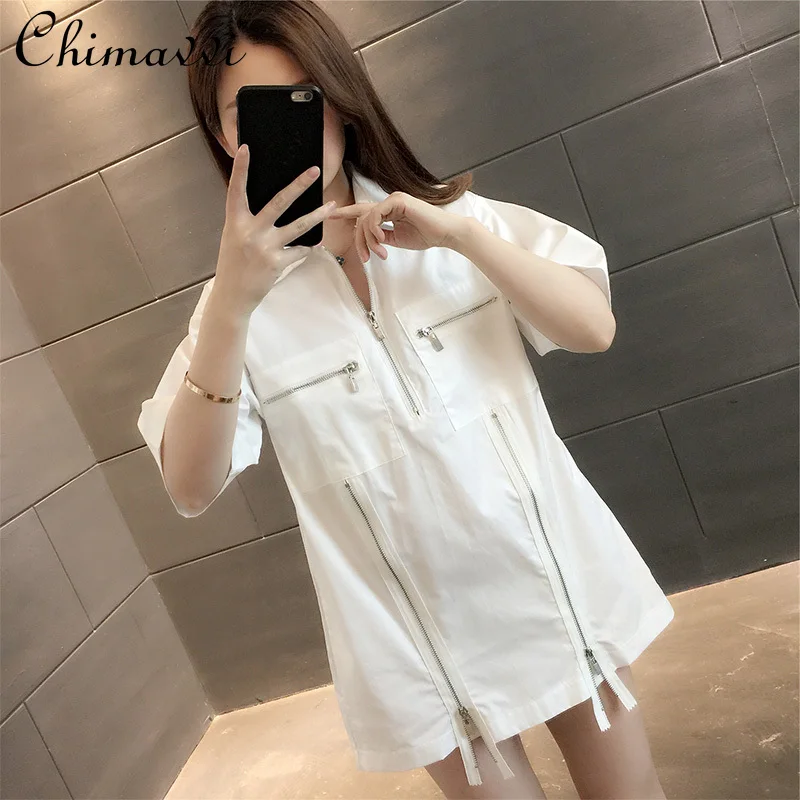 

С коротким рукавом Свободная белая рубашка женская летняя обувь солнцезащитный крем Топ для женщин размера плюс прямо на молнии Блузки Blusas ...