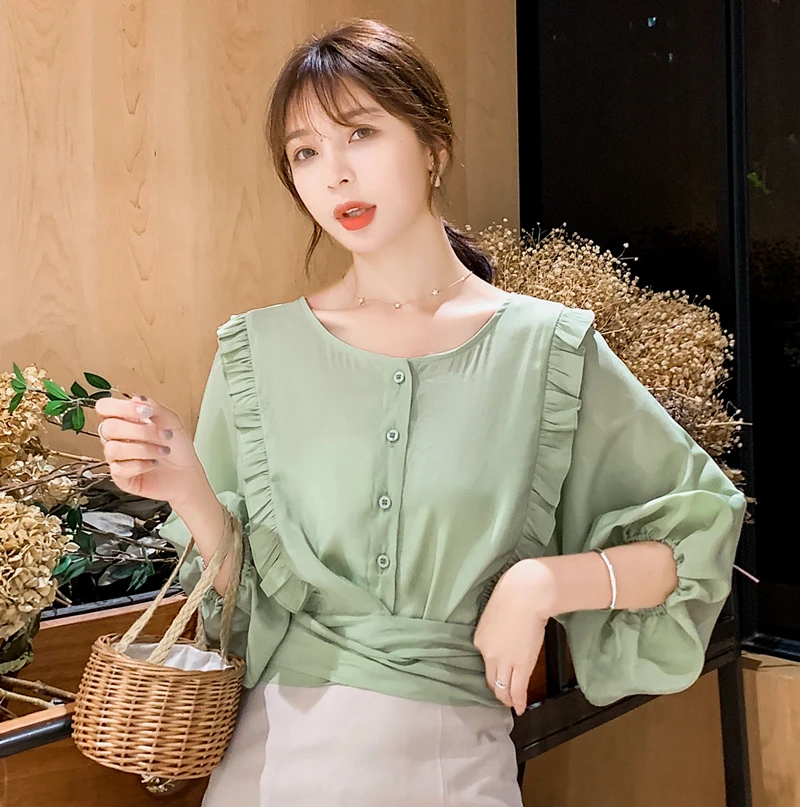 Рубашки с круглым вырезом на осень и лето новинка 2019 кружевная шифоновая блузка