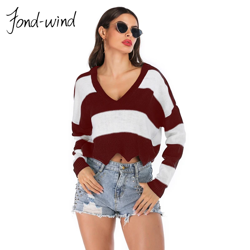 

Fond-wind Autumn Winter Sweater Oversize Women Pullover Knitted Long Sleeve Loose Short Stripe Casual Top Streetwear V Neck