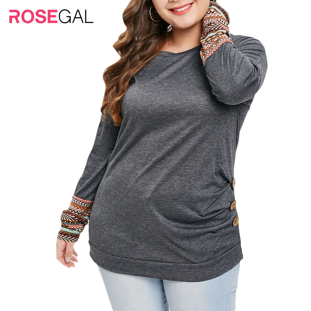 ROSEGAL размера плюс кнопка деталь круглая шея футболка Повседневная с шикарной