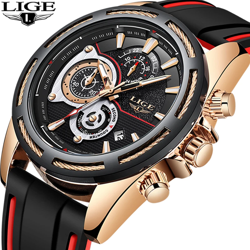 LIGE модные мужские часы с хронографом Роскошные Силиконовые Бизнес Кварцевые для