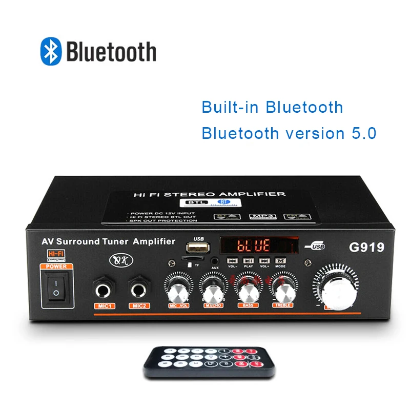 Цифровой усилитель мощности G919 12 В/220 В 360 Вт с функцией Bluetooth FM SD Hi-Fi 2-канальный