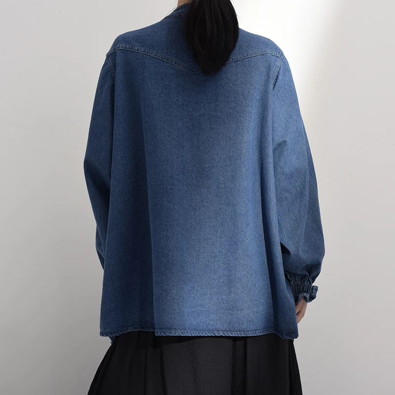 

[EAM] Women Knitting Denim Big Size Blouse New Round Neck Long Sleeve Loose Fit Shirt Fashion Tide Spring Autumn 2021 1K21800