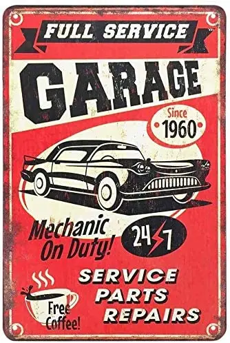 

Xuship Full Service Garage Tin Sign,Mechanic On Duty 247 Car Service Parts Repairs and Drink Free Coffee Vintage Metal Tin Sig