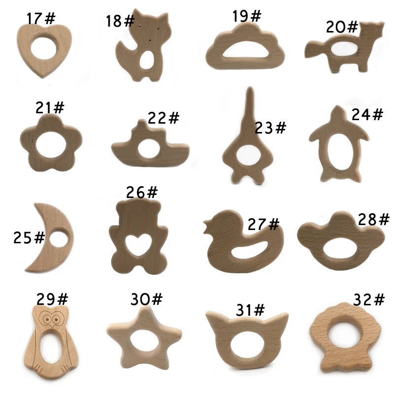 Mordedor de madera de haya Natural hecho a mano para reci&eacute;n nacido, bonito Animal de dibujos animados, 100 Uds.-2